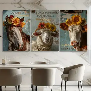 3pcs/set Frameless Vintage Canvas Print-Daisy And Animal Healing Theme, Gift Wall Art Print English Canvas Painting Poster Picture Living Room Home Decoration, Ideal Gift For Bedroom Life