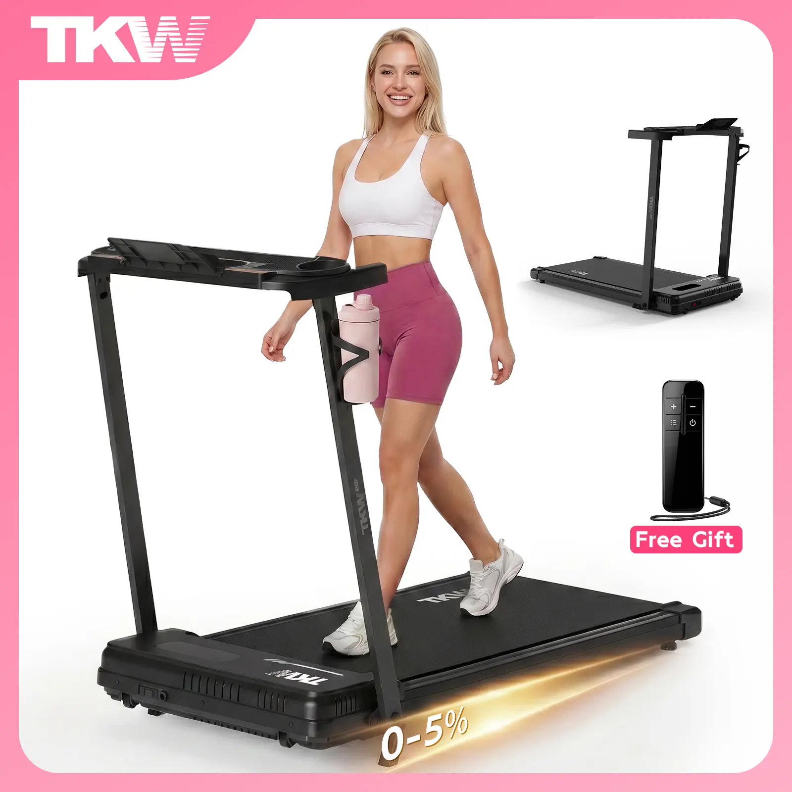 TKW 3-in-1 Walking pad,Pink Walkingpad,Light weight Treadmill,  Capacity,Low-Noise Motor Walking Pad, Remote Control & Wheels for Easy mobility, LED Display，Vibration Walking pad