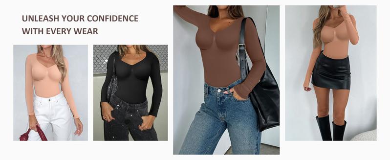 FeelinGirl Women's Seamless Shaping Long Sleeve Thong Comfortable Bodysuit for Tops and Underwear Lady Comfort Basic