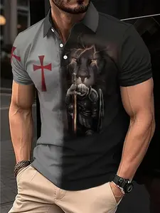 Men's Lion Knight Print Short Sleeve Polo Shirt, Slim Fit Casual Turn-Down Collar T-Shirt, Summer Trendy Top, Graphic Style