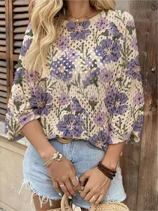 Spring & summer Bohemian knit top Boho, round neck, hollow-out batwing sleeves, loose fit. All-over contrast print, lightweight. Great for daily, commute, vacation & beach bikini cover-up.