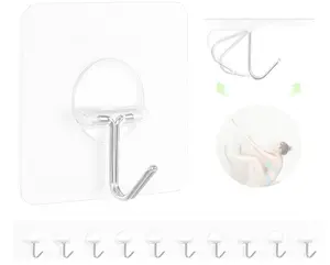 JINSHUNFA Adhesive Wall Hooks 13LB Heavy Duty No Drill Transparent Waterproof Hooks for Bathroom Kitchen Towel Coat 12 Pack