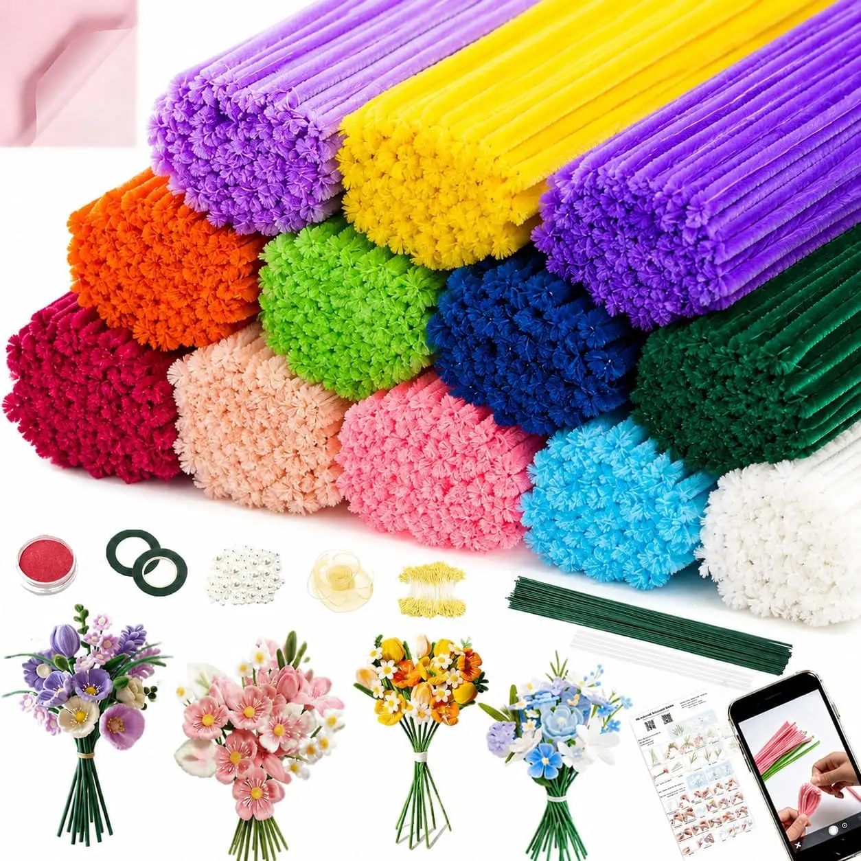 600 count Pipe Cleaners Craft Kit, 12 Colors Pipe Cleaners Bulk for DIY Crafts, Beginner-Friendly Chenille Stems with Video Tutorial, Complete Pipe Cleaner Flower Kit for  Bouquet,Gifts, & Decor