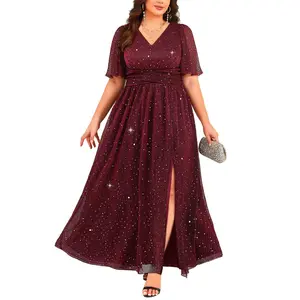 Pinup Fashion Women Plus Size Formal Dresses - Evening Gowns Sequin Prom Gala V Neck Flutter Sleeve Long Dress