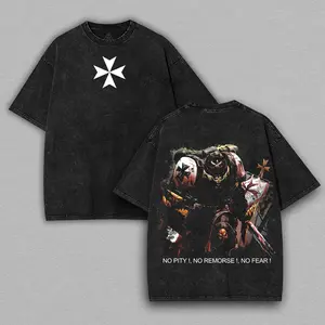 Black Templars, "No Pity, No Remorse, No Fear" Vintage Graphic Tee Oversize Double Sided Washed Unisex T-Shirt Wargame Fan Shirt Gift for Him, Casual Gamer Streetwear men clothing merch shirt