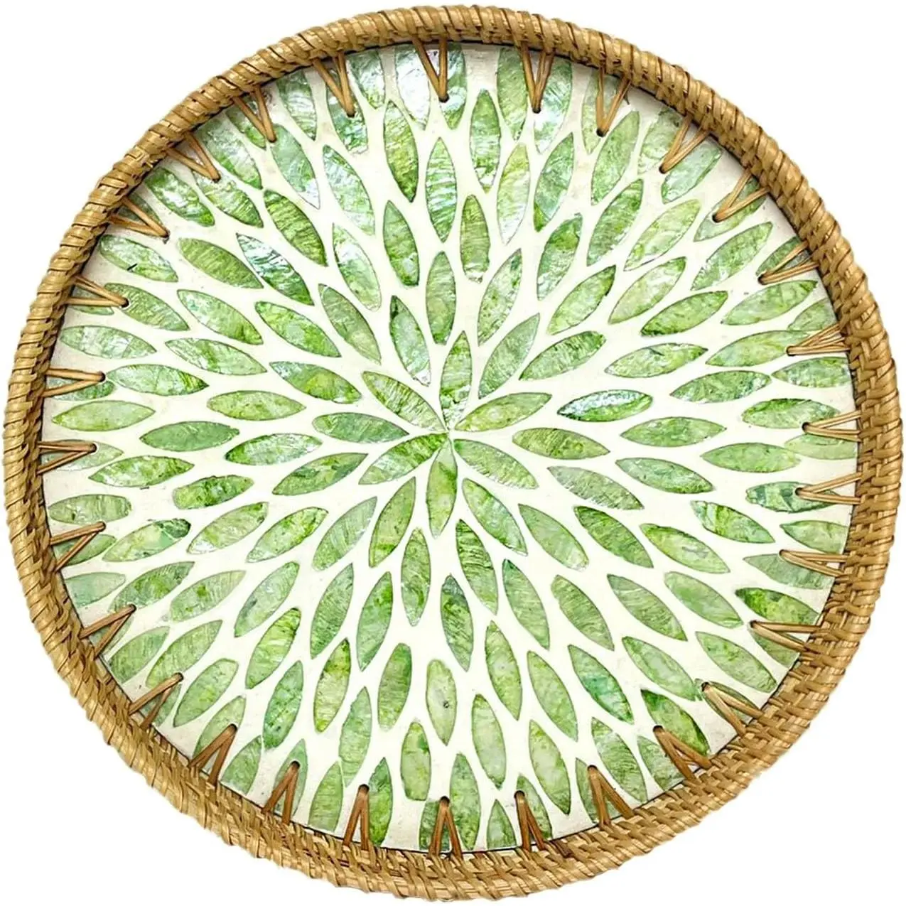 Round Rattan Tray with Mother of Pearl Inlay, Decorative Rattan Serving Tray for Home Boho Decor, Coffee Table, Bread, Food, Tea, Ottoman Trays-Fruit Wicker Basket, 100% Natural Materials Green- 13.8"