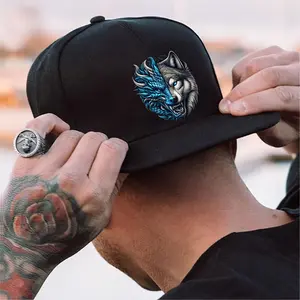1pc Wolf & Dragon Print Hip-Hop Baseball Cap - Adjustable Flat Brim Streetwear Hat with Blue & Black Animal Design, Durable Polyester for Outdoor Sports, Halloween, Christmas, Valentine'S Day, Casual Headwear, Bold Graphic Design, Comfortable Fit, Cap Fo