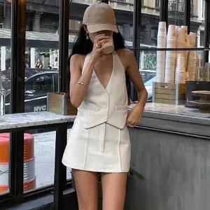 Women 2 Piece Skirt Set Fairycore Halter Neck Sleeveless Crop Tops and Mini Skirt Suit Two Piece Outfits Streetwear， 2000s Outfits, Streetwear Aesthetic Clothes，Party Dinner Holiday