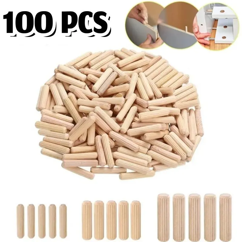 100pcs Solid Wood Dowels, Solid Birch Wood, Anti-Slip Wooden Pegs, Furniture Joinery Accessories, DIY Woodworking Supplies, Essential for Furniture Assembly