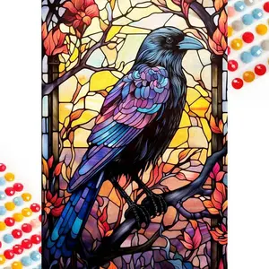 5D DIY Full Drill Round Diamond Painting - Diamond Art Kit Crow, Branch, Stained Glass Mosaic, Canvas - DIY Decorative Painting, Home Wall Decor, Suitable for Halloween, Christmas, Birthday, and Anniversary Gifts Diamond Painting Kits