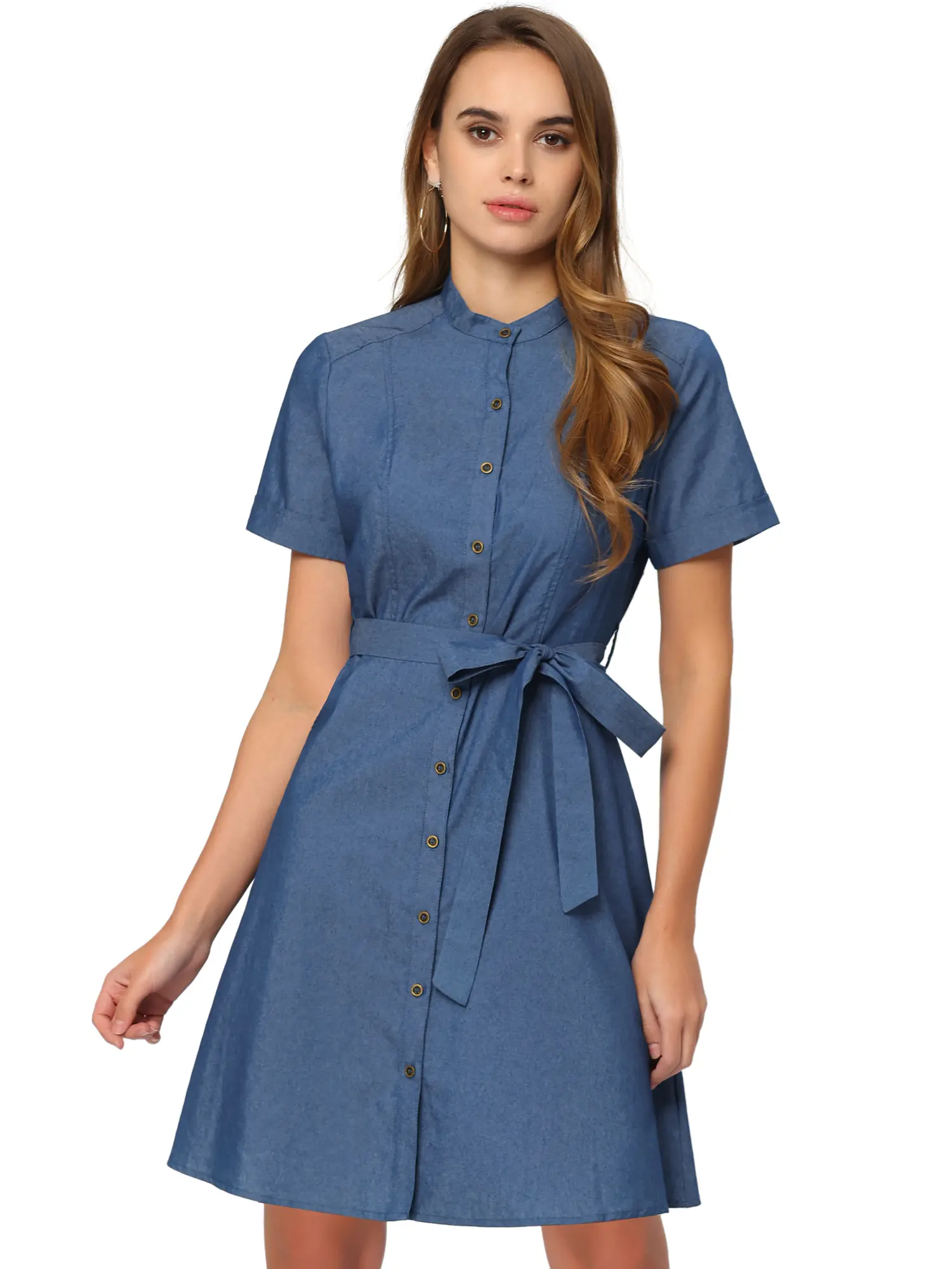 INSPIRE CHIC Button Down Short Sleeve Denim Chambray Shirt Dress