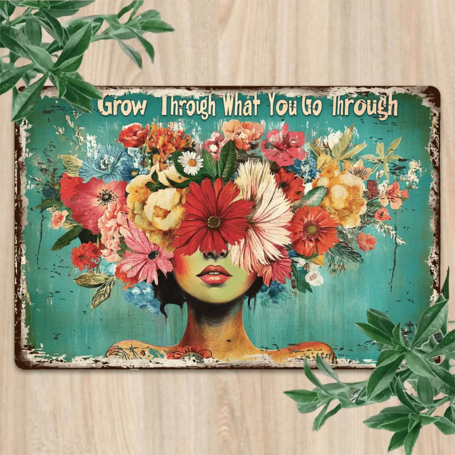 Iron Metal Sign "Grow Through What You Go Through" - Vintage Floral Design Tinplate Wall Decor for Home, Kitchen, Restaurant, Bedroom, Garden, Bathroom, Garage, Office, Bakery, 8x12 Inch, Rustic Wall Art with Pre-Drilled Holes, We
