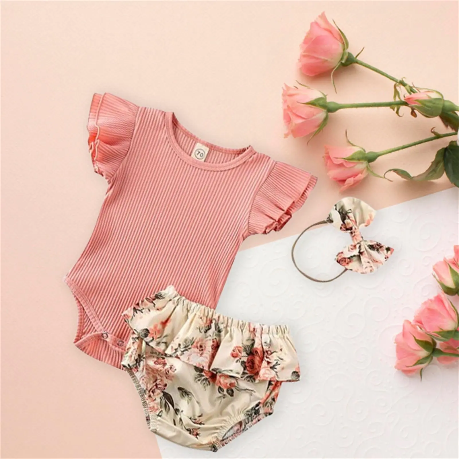 Baby Girl's Summer Outfit Sets Newborn Ruffle Romper Top Bloomer Floral Shorts Headband