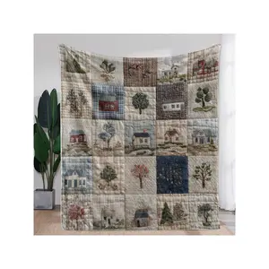 Charming Vintage Embroidered Patchwork Quilt with Country Houses & Trees – Cozy Rustic Home Decor Blanket