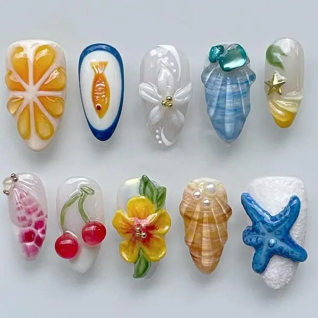 Chic Nail Studio Tropical Beach Press-On Nails, Blue & White Pearl Gel Acrylic Nails, Handmade Ocean-Inspired Nails, 3D Starfish Shell Fake Nails, Custom Press-On Nail, Summer/Vacation/Beach Party Nails, Gifts for Her