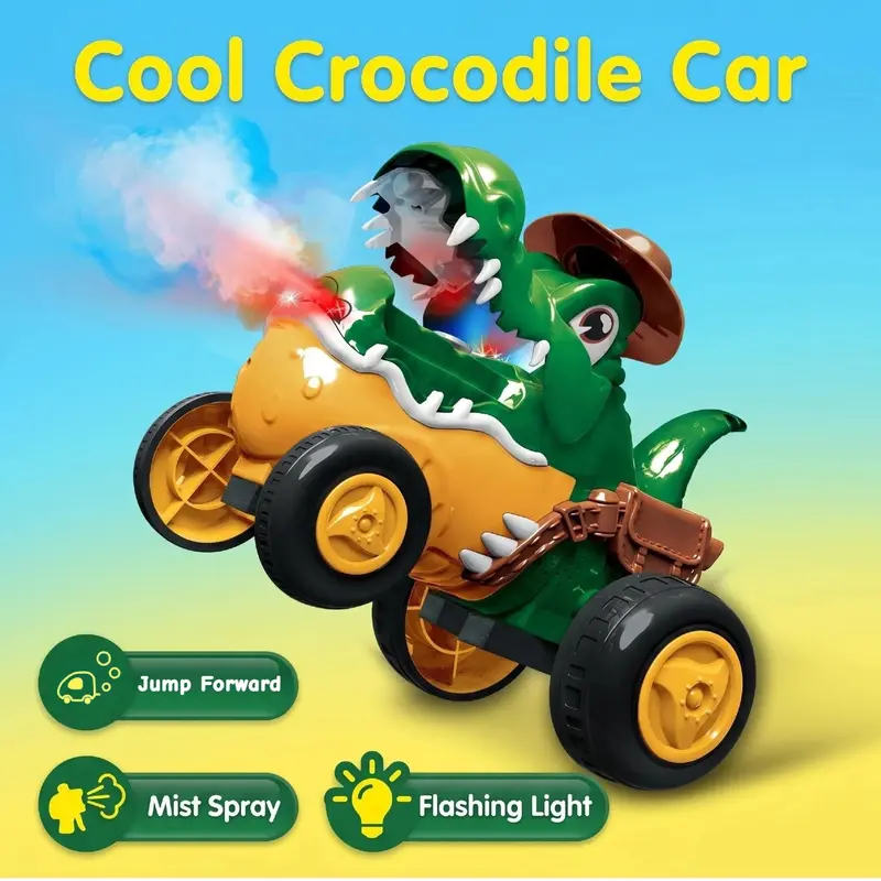Kid's Electric Crocodile Jumping Car Toy - Mist Spray, Light & Music, Stunt Actions, Jump Forward, 1-Click Demonstration, Upright Walking, Floor-Friendly Wheels, 30+ Mins Playtime rc cars rc