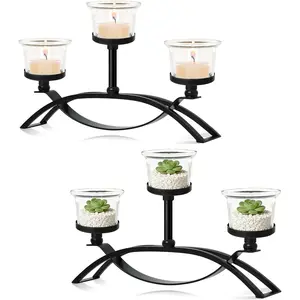 3-Arm Metal  Light Candle Holder Set with 5 Glass Cups, Votive Candle Holders Centerpiece Candelabra for Wedding Table Decor,  Gatherings and Holidays (Black, 3 Cups-2 Pcs)