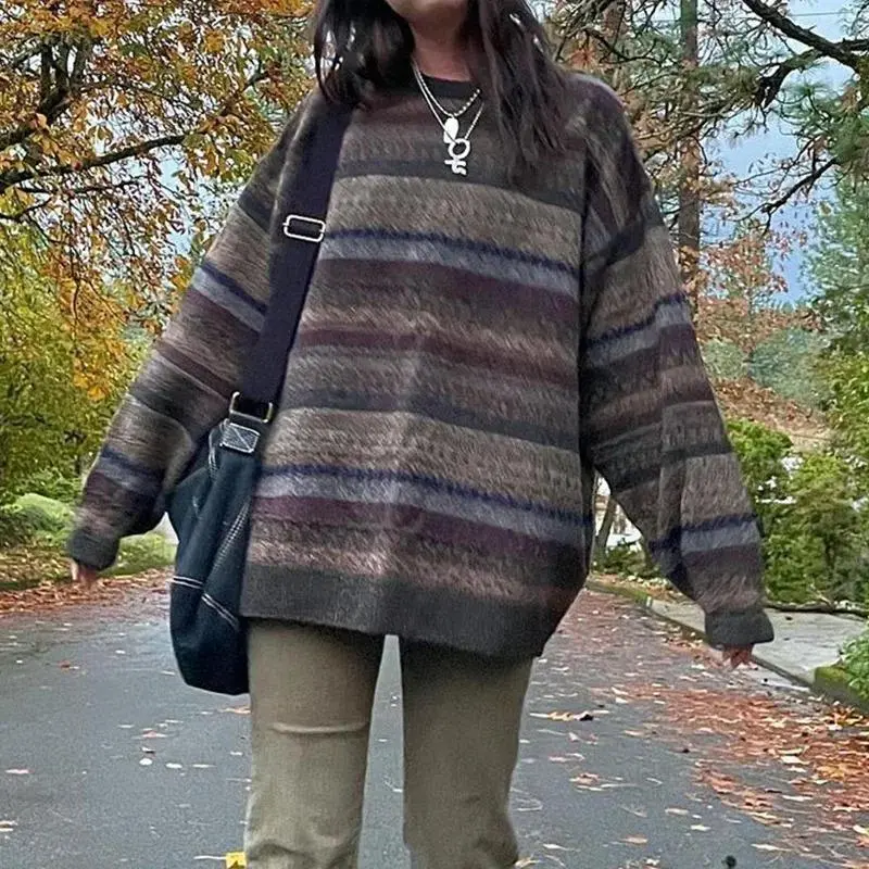 Preppy Grunge Retro Striped Knitted Sweater Autumn O Neck Full Sleeve Jumpers Fairycore Vintage Y2K Aesthetics Grandpa Sweaters Knitwear Womenswear