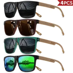 4 Pack Wood Grain Sunglasses for Men & Women, UV400 Protection Retro Square Frame Glasses, Spring Hinge Comfort Fit Eyewear for Daily Wear, Driving, Travel & Outdoor Use summerwins