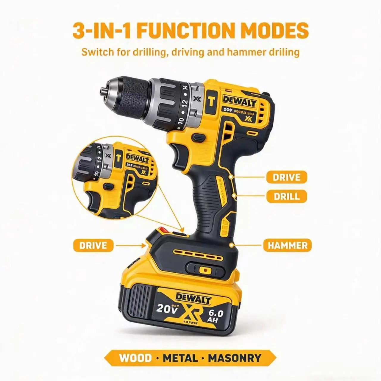 DCD796 20V XR Compact Hammer Drill/Driver, Lithium-ion power drill with LED work light and metal chuck