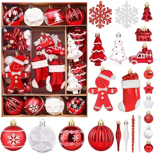 Christmas Ornaments - 71, Shatterproof Plastic Balls, Red and White Decorations for Tree