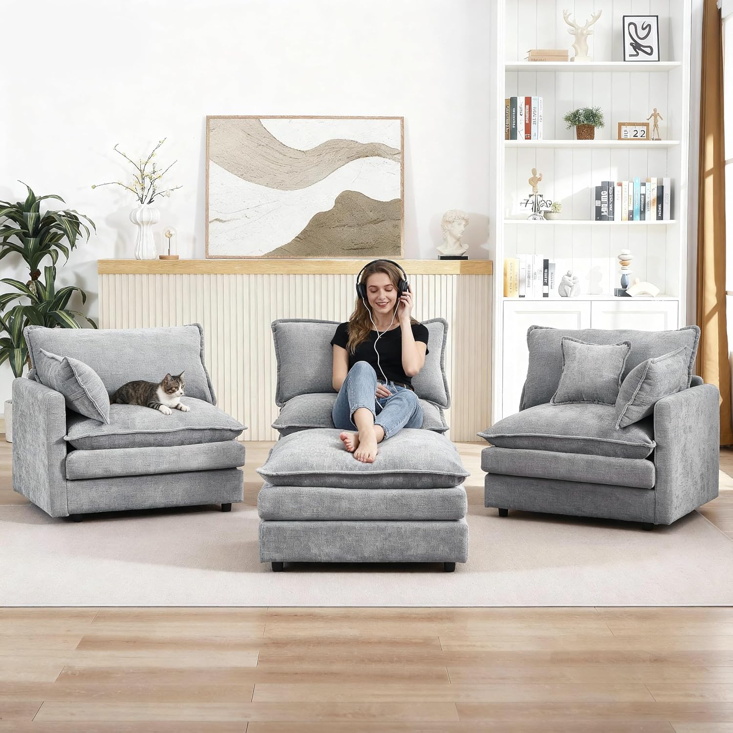 102" L Shaped Modular Sectional Sofa, Comfy Upholstery Chenille Cloud Couch with Ottoman, Modern 4-Seat Deep Seat Sofa with Pillow for Living Room, Bedroom, Apartment, Grey 102" L Shaped Modular Sectional Sofa, Comfy Upholstery Chenille Cloud Couch with Ottoman, Modern 4-Seat Deep Seat Sofa with Pillow for Living Room, Bedroom, Apartment, Grey
