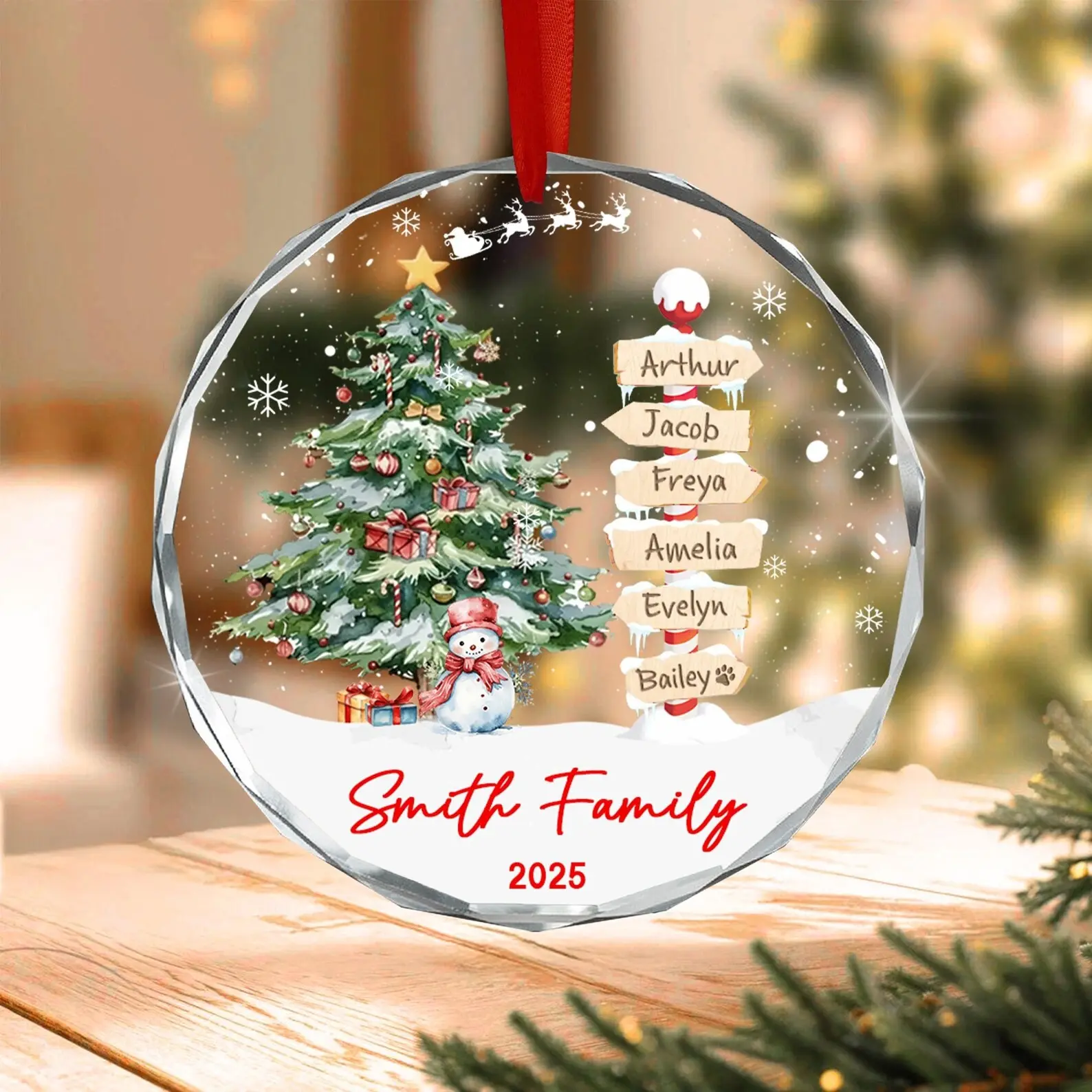Personalized Family Christmas Ornament, Custom Names and Pet, Christmas Tree Snowman Holiday Keepsake