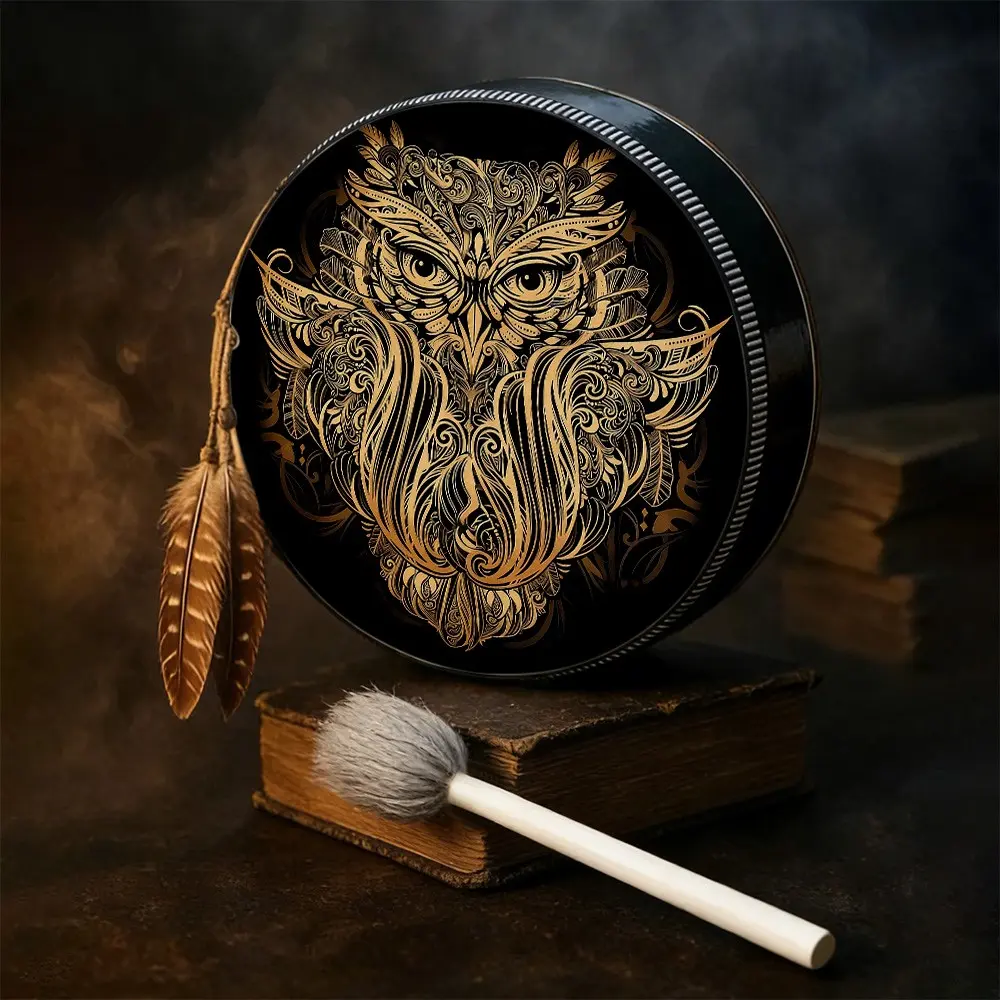Classic Owl God Animal Pattern Handmade Shaman Drum, Hand Percussion Instrument, Artistic Music Tool, Gift and Memorial, Includes Drumsticks