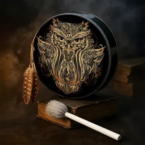 Classic Owl God Animal Pattern Handmade Shaman Drum, Hand Percussion Instrument, Artistic Music Tool, Gift and Memorial, Includes Drumsticks