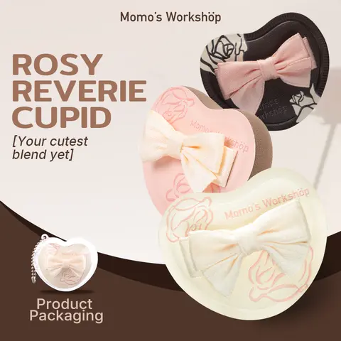 Momo's Workshop Rosy Reverie Cupid Mallow Puff Trio - Innovative Heart Shape Beauty Puffs Multi-Pack, 40% Faster Blending, 54×46×18mm, Compact & Travel-Friendly, Reusable, Durable, with Storage Case, for Foundation, Concealer, Blush, Cosmetics Tool, Beaut