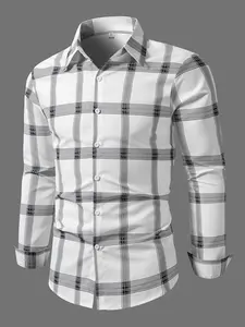 Men's Plaid Print Button Front Button Up Shirt, Casual Regular Fit Long Sleeve Collared Top for Fall & Winter, Men's Clothes for Daily Wear