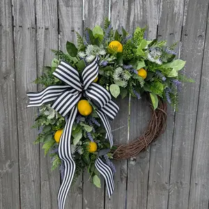 Summer Lemon Lavender Wreath, 18-Inch Artificial Greenery Wreath with Striped Bow, Rustic Style Door Decor, Valentine's Day Ornament, Country Style Wreath