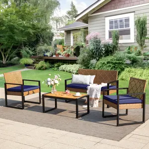 PHI VILLA Wicker Outdoor Furniture Set for 4, Rattan Chairs with Navy Cushions and Acacia Wood Coffee Table, All Weather Outdoor Seating Set for Deck, Yard, Porch Patio Lounge, Father's Day Gift, Summer's Day
