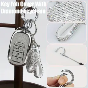 car bracket TSLshop Local - Local-Key Fob Cover With Diamond Keychain Car Key Holder Case Compatible With for HONDA 2023 2024 Accord Civic HRV CRV Pilot Smart Remote Key Protector For Women 5 Buttons, (Silver-Heart)
