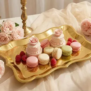 10 Gold Rectangle Trays with Gold Rim Border for Elegant Dessert Table Serving Parties 9" X 13" Heavy Duty Disposable Paper Cardboard for Platters, Cupcake Display, Birthday Party, Weddings Food Safe