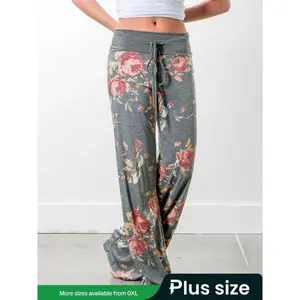Plus Floral Print Drawstring Waist Wide Leg Pants, Casual Fashion Pants, Summer Clothes Women, Casual Comfy Drop Waist Trousers for Daily Outdoor Wear, Women Plus Clothing for Spring & Fall