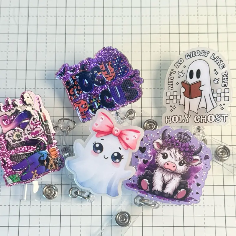 Acrylic Badge Reels - Assorted Designs Featuring Characters and Patterns for Personalization