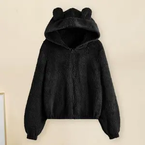 Women’s loose-fit fuzzy hooded sweatshirt/jacket with hood and ear decorations, cold-resistant long sleeves for autumn and winter warmth