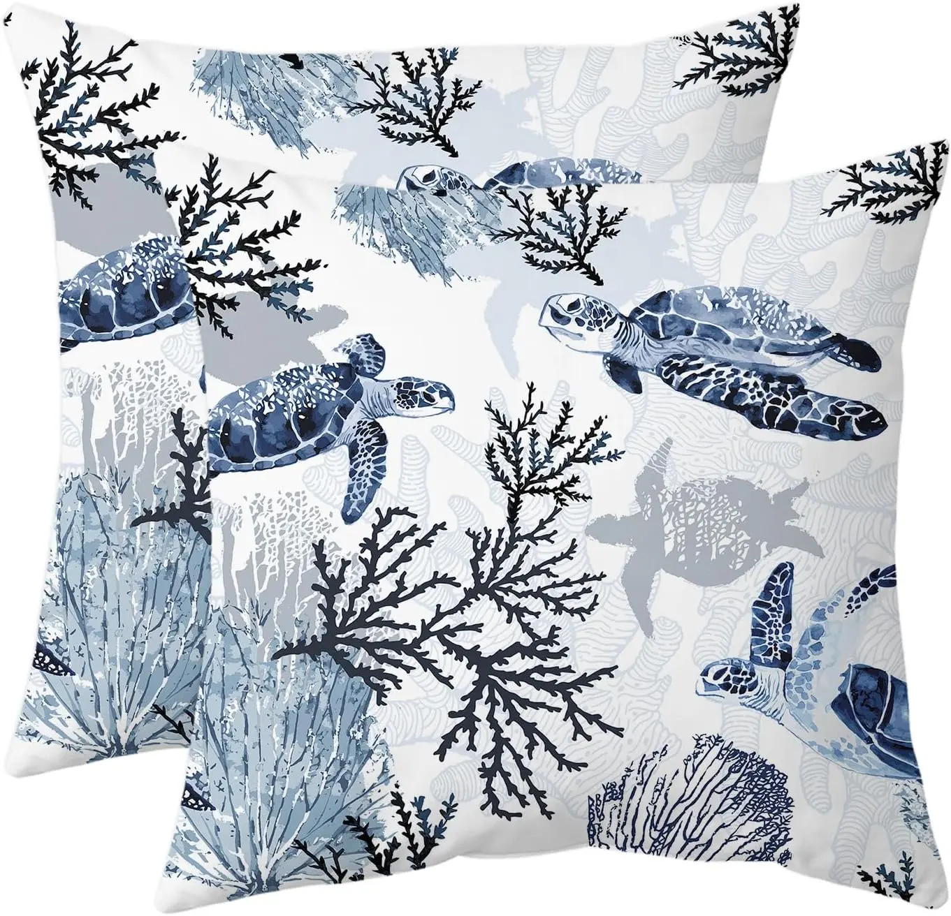 Set of 2 Coastal Sea Turtle Throw Pillow Covers, 18x18 Inch Nautical Coral Ocean Cushion Cases for Sofa, Bedroom, Living Room