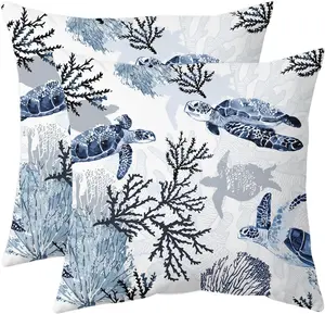 Set of 2 Coastal Sea Turtle Throw Pillow Covers, 18x18 Inch Nautical Coral Ocean Cushion Cases for Sofa, Bedroom, Living Room