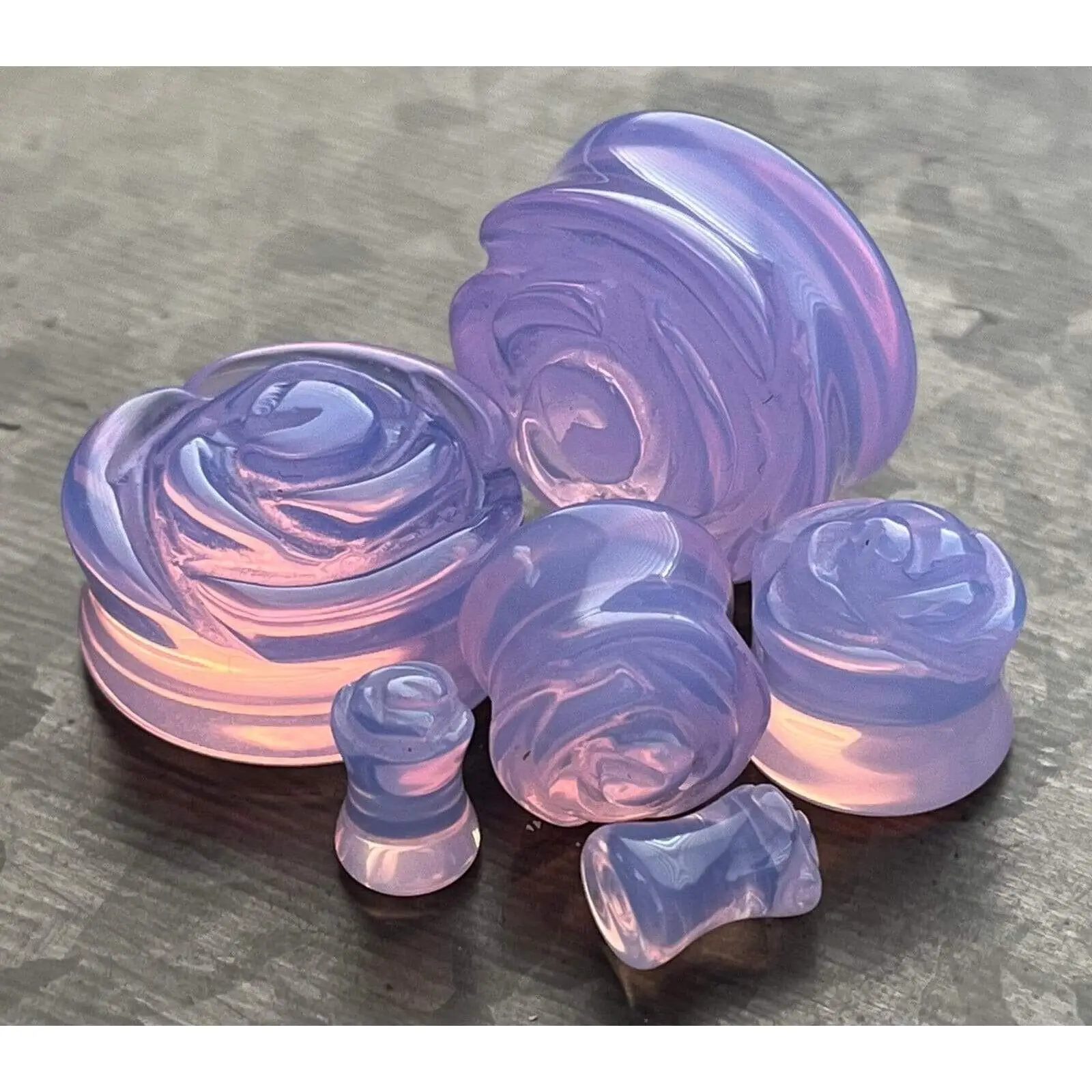 PAIR of Beautiful Lavender Opalite Stone Carved Flower Double Flare Glass Plugs - Gauges 2g (6.5mm) to 1" (25mm)