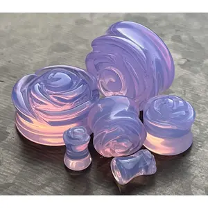 PAIR of Beautiful Lavender Opalite Stone Carved Flower Double Flare Glass Plugs - Gauges 2g (6.5mm) to 1" (25mm)