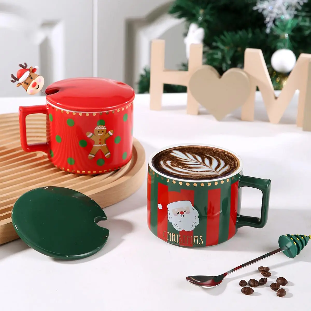 Cute Christmas Reindeer Ceramic Mug with Lid and Spoon, Holiday Coffee Cup for Home, Couples Gift, Christmas Gift for Coffee and Tea Lovers