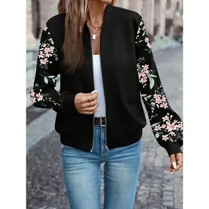 Stylish Floral Print Zip-Up Jacket - Casual Jackets for Women with Elegant Long Sleeve Baseball Collar, Perfect for Spring and Fall Seasons, Comfortable and Versatile Outerwear for Daily Life