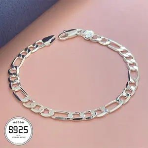 925 Sterling Silver 4mm Figaro Bracelet for Men and Women, Simple Multi-functional Accessories, Perfect Gift for New Year Valentine's Day queuing Music Festival