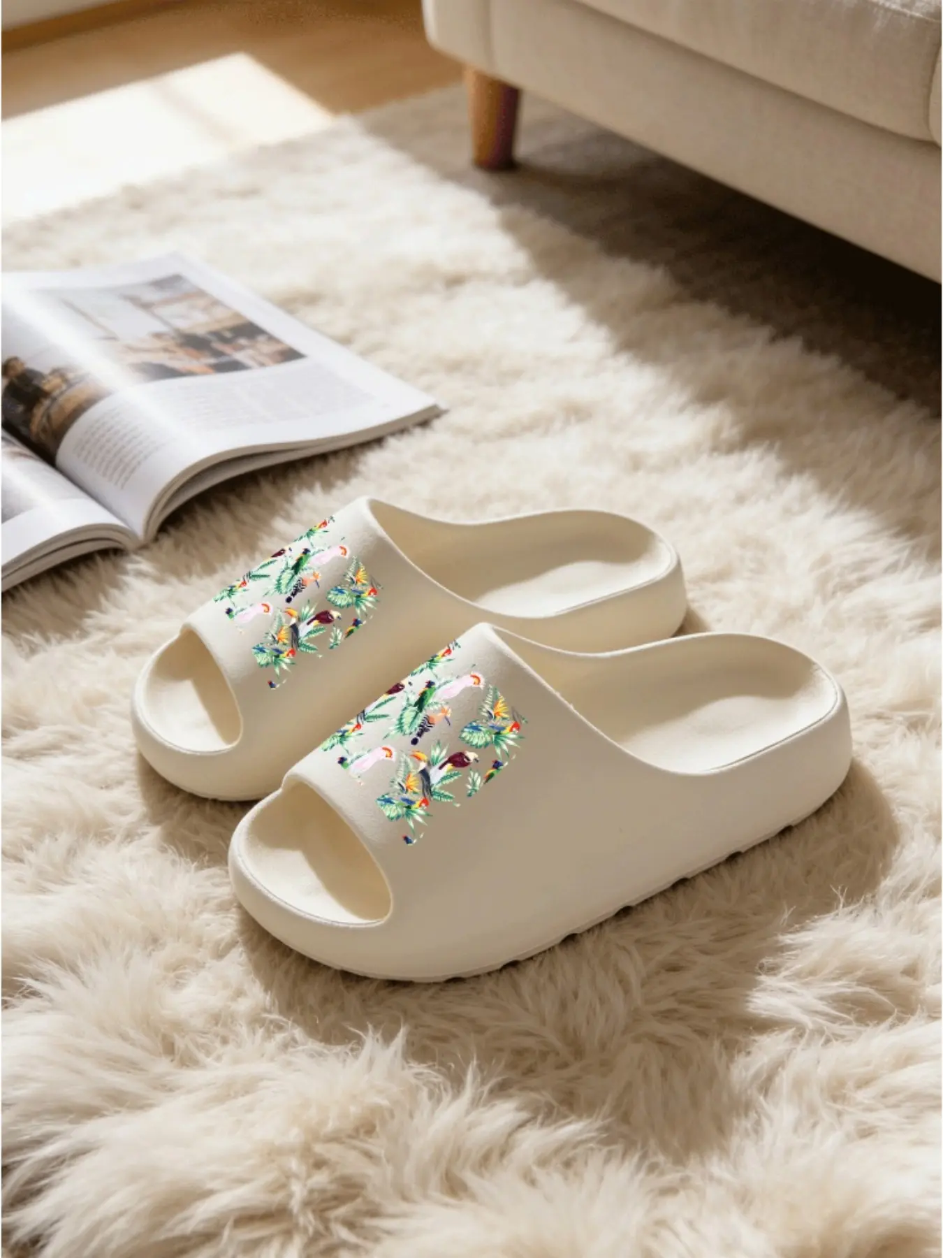 Women's Tropical Floral Bird Print Slippers, Soft Eva Sole Non-Slip Bath Mat, Casual Home Wear, Perfect for Bathroom & Dormitory
