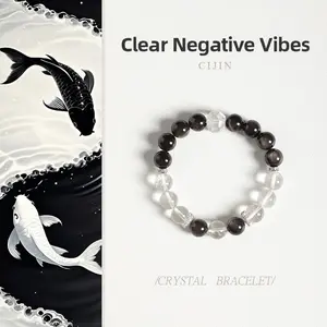 [Tai Chi Balance] crystal bracelet, white crystal silver obsidian, unisex, daily wear gift, 10mm beads natural stone, yin yang balance peace symbol