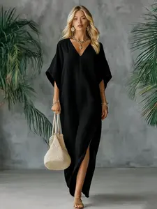 Boho Style V Neck Batwing Sleeve Dress, Side Slit Loose Beach Dress, Relaxed Fit Cross-Border Fashion, European and American Design