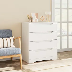 HOSTACK White Dresser, 4 Drawers Dresser, Modern Dresser Chest of Drawers with Cut-Out Handles, Wood Makeup Dresser Chest