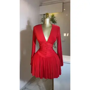 summer spring clothes Women Full Sleeve Button High Waist Deep V-neck Pleated Big Swing Dress 2025 Retro Sexy Party Dresses Formal Light Womenswear Check Workwear Gamis Basic Minimalist Pink Casual